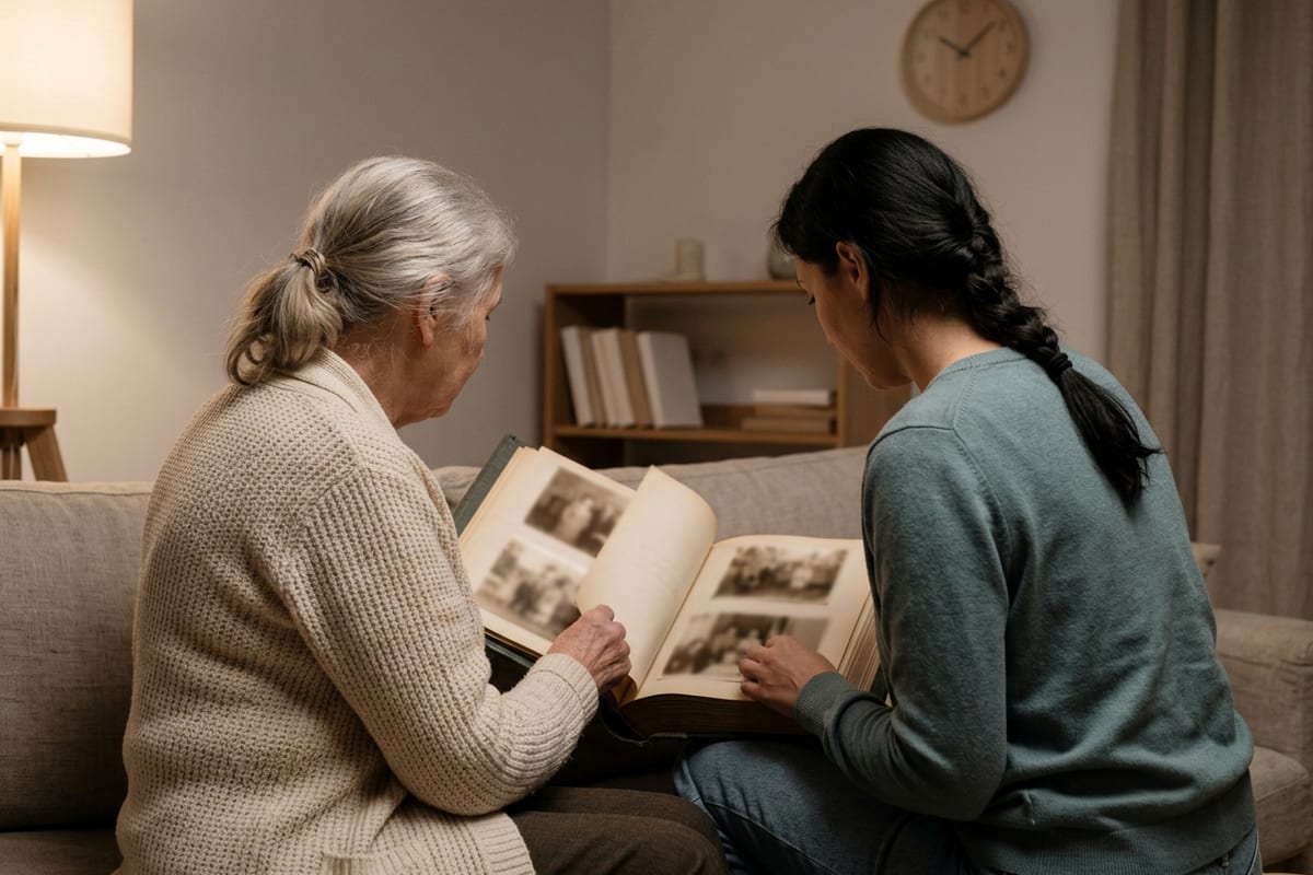 Бабушка и внучка рассматривают семейный альбом: старые воспоминания при деменции живут дольше